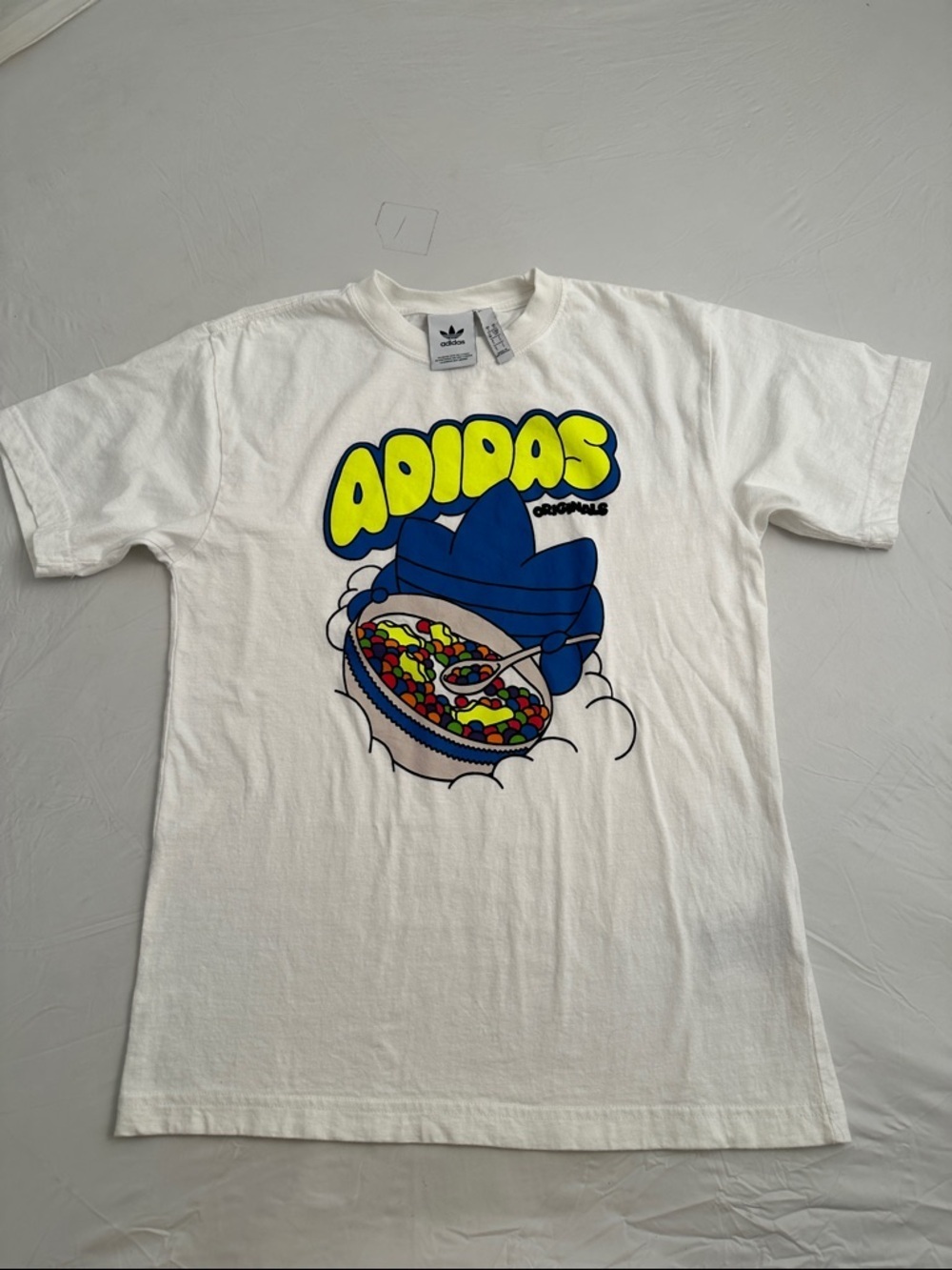 Adidas B for Breakfast white multi cereal graphic short sleeve crew neck t-shirt